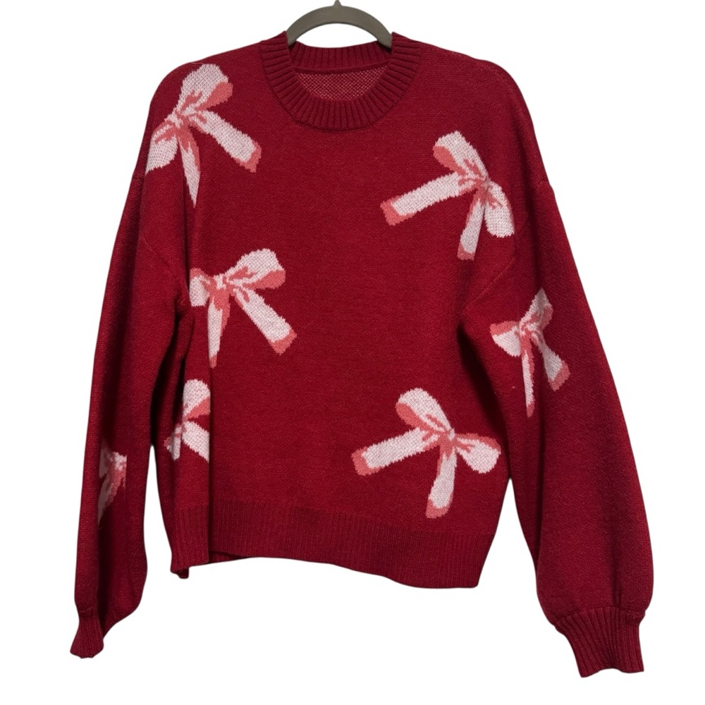 Chic Red Sweater with Pink Bow Accents - size S (oversized) NWOT - Picture 1 of 6